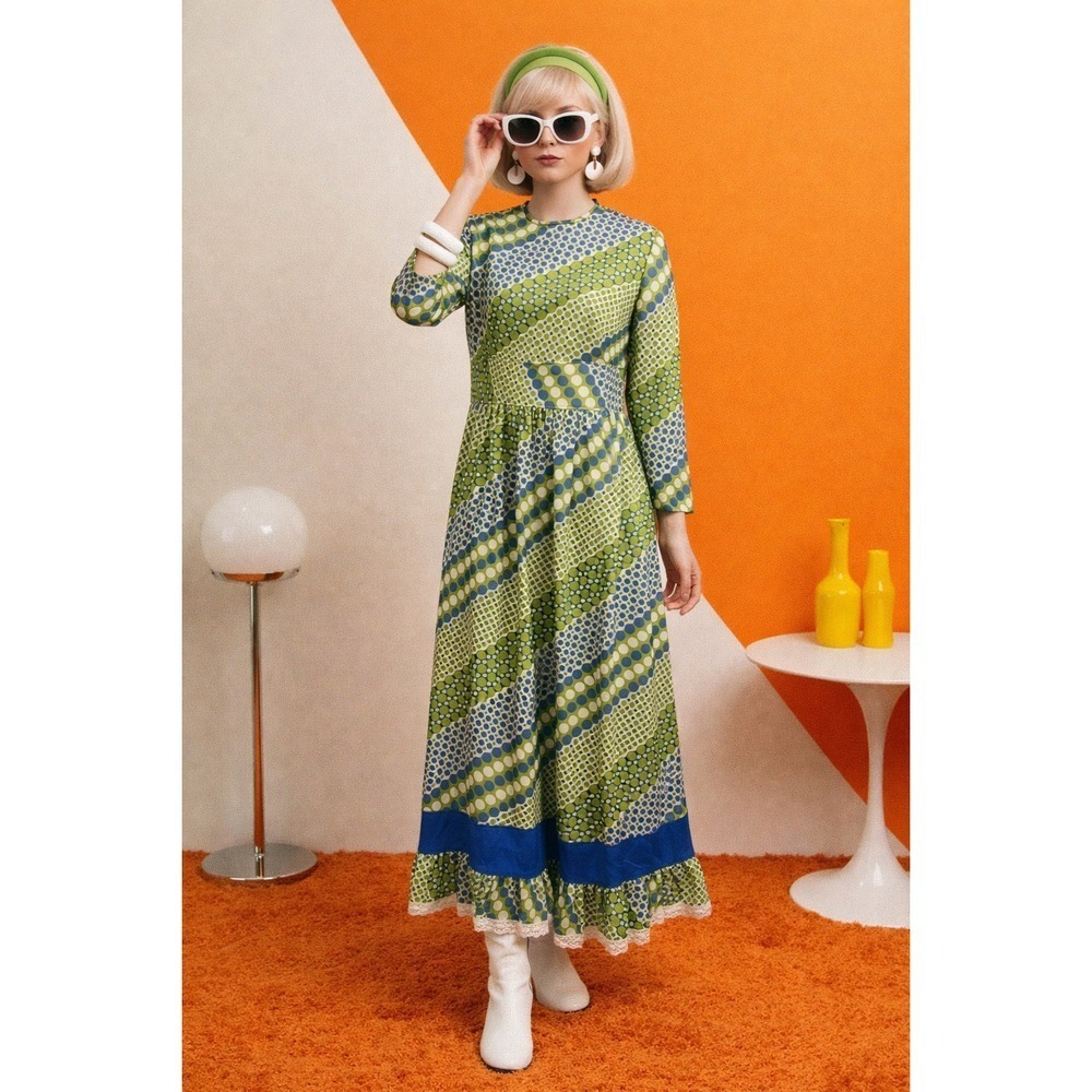 Vtg Size M 70s Handmade Maxi Dress Retro Mod Blue Green Dots Lace Trim Prairie